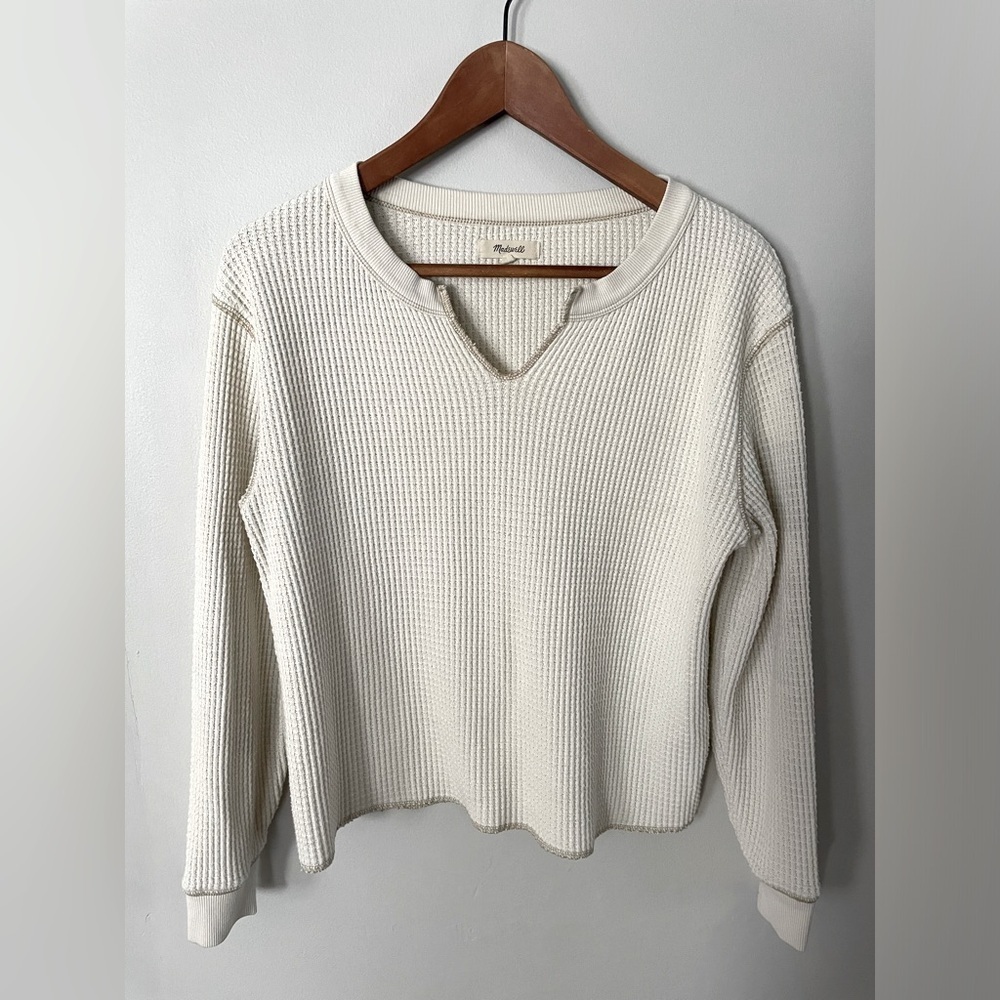 Madewell Cream Split Neck Super Warm Waffle Top Sz Large - Picture 2 of 5